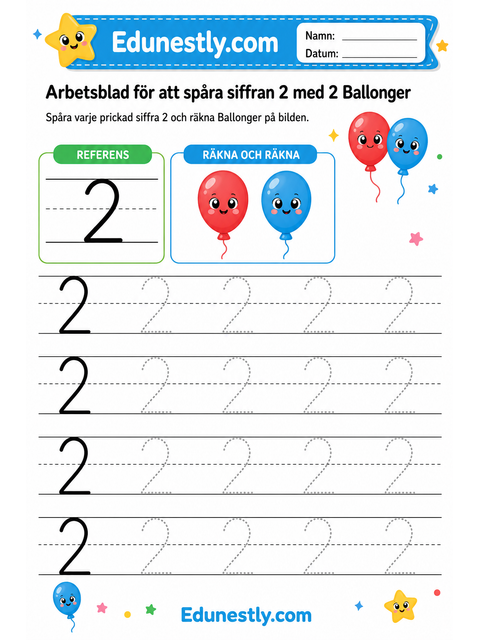 Arbetsblad för att spåra siffran 2 med 2 Ballonger