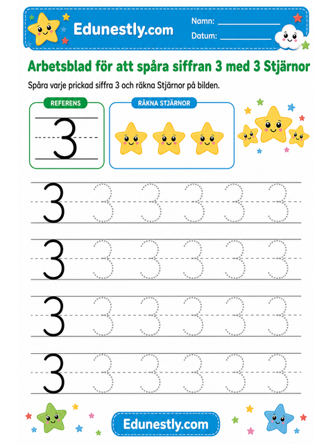 Arbetsblad för att spåra siffran 3 med 3 Stjärnor
