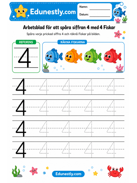 Arbetsblad för att spåra siffran 4 med 4 Fiskar