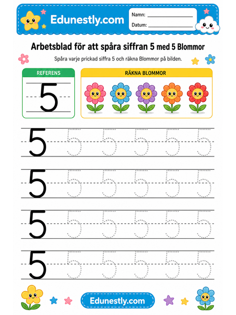 Arbetsblad för att spåra siffran 5 med 5 Blommor
