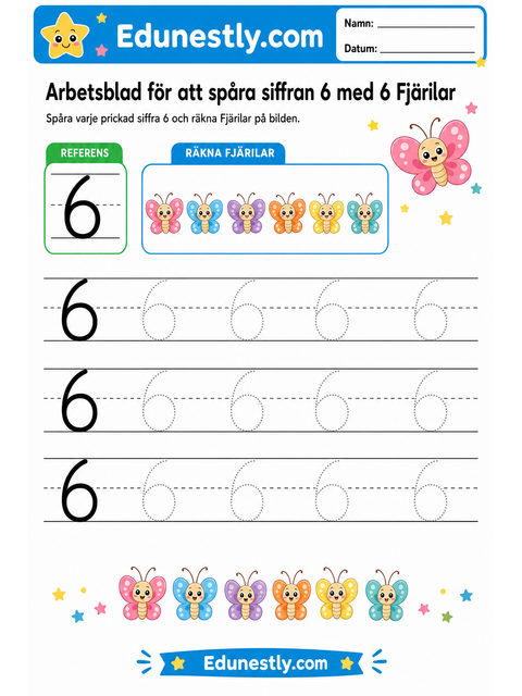 Arbetsblad för att spåra siffran 6 med 6 Fjärilar