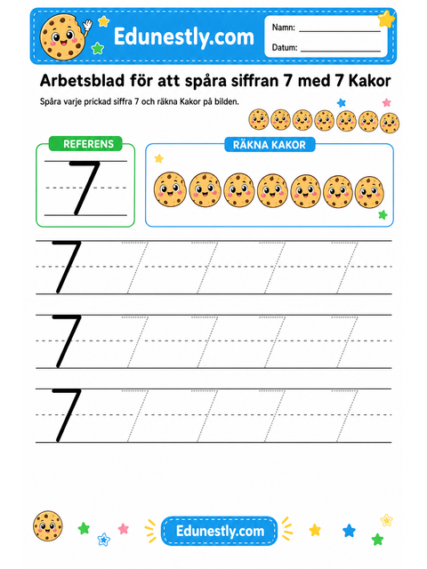 Arbetsblad för att spåra siffran 7 med 7 Kakor