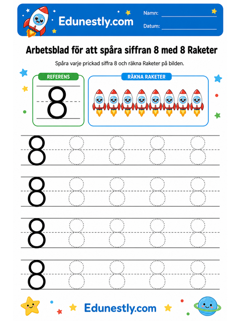 Arbetsblad för att spåra siffran 8 med 8 Raketer