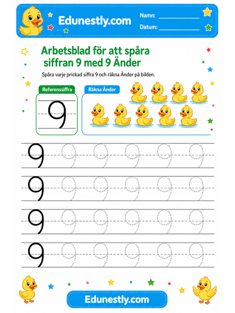 Arbetsblad för att spåra siffran 9 med 9 Änder