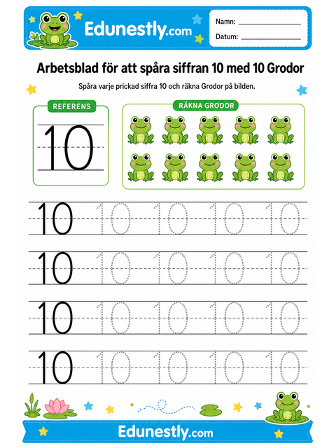 Arbetsblad för att spåra siffran 10 med 10 Grodor