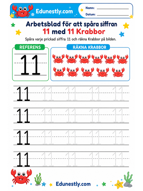 Arbetsblad för att spåra siffran 11 med 11 Krabbor