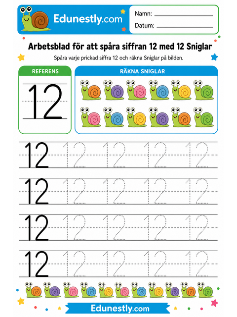 Arbetsblad för att spåra siffran 12 med 12 Sniglar