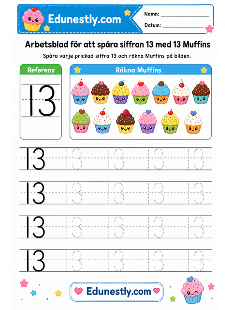 Arbetsblad för att spåra siffran 13 med 13 Muffins