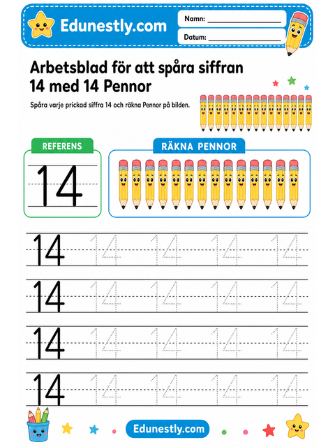 Arbetsblad för att spåra siffran 14 med 14 Pennor
