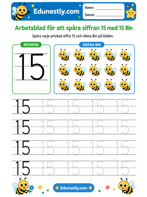 Arbetsblad för att spåra siffran 15 med 15 Bin
