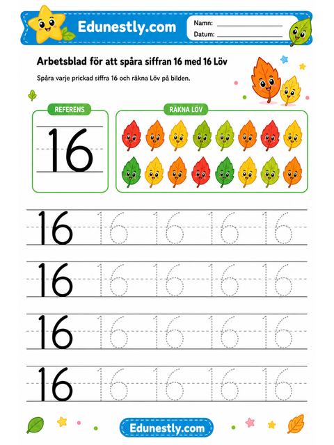 Arbetsblad för att spåra siffran 16 med 16 Löv