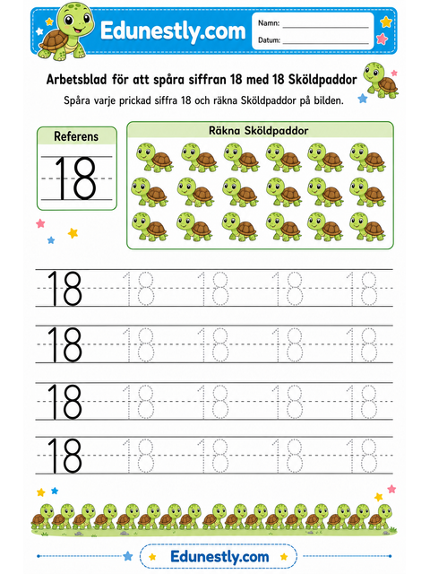 Arbetsblad för att spåra siffran 18 med 18 Sköldpaddor