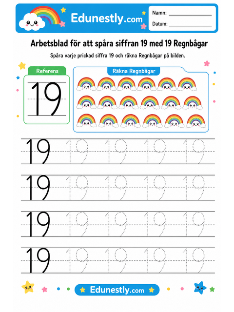 Arbetsblad för att spåra siffran 19 med 19 Regnbågar